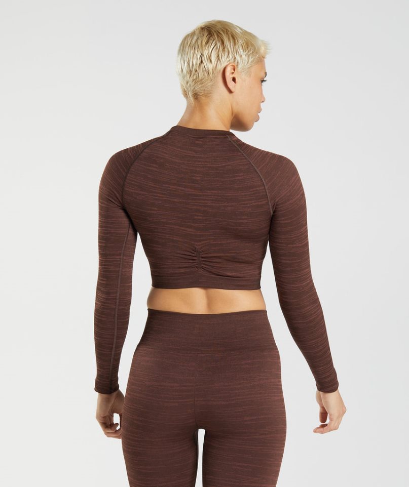 Women's Gymshark Adapt Marl Seamless Long Sleeve Cropped Tops Dark Brown | NZ 5SWVXH